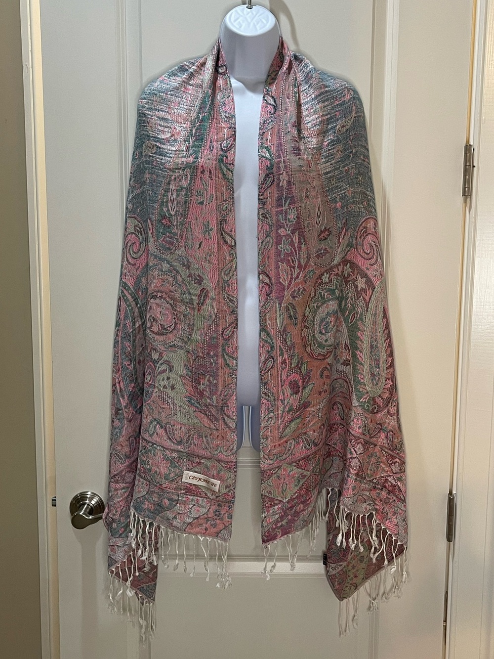 Cashmere & Silk Pink & Aqua Paisley Shawl Wrap Pashmina with Fringe 27x57